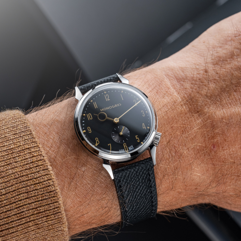 RESTA R50-001 Automatic Small Seconds Watch – 36mm Black Dial, Gold Hands, Box-shaped sapphire crystal
