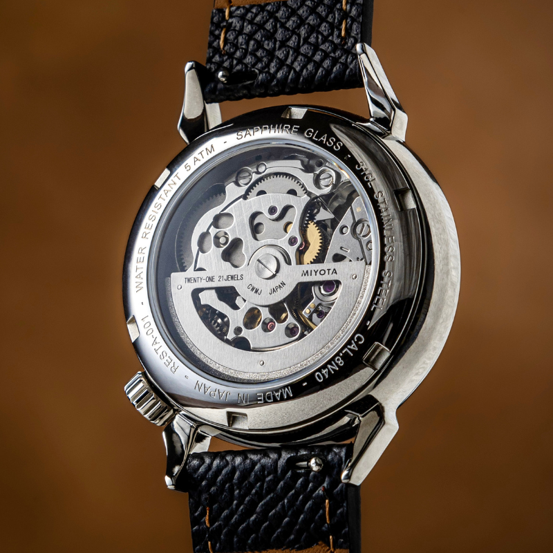 RESTA R50-001 Automatic Small Seconds Watch – 36mm Ivory Dial, Blue Hands, Domed Sapphire Crystal