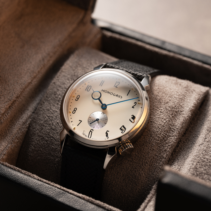 RESTA R50-001 Automatic Small Seconds Watch – 36mm Ivory Dial, Blue Hands, Domed Sapphire Crystal