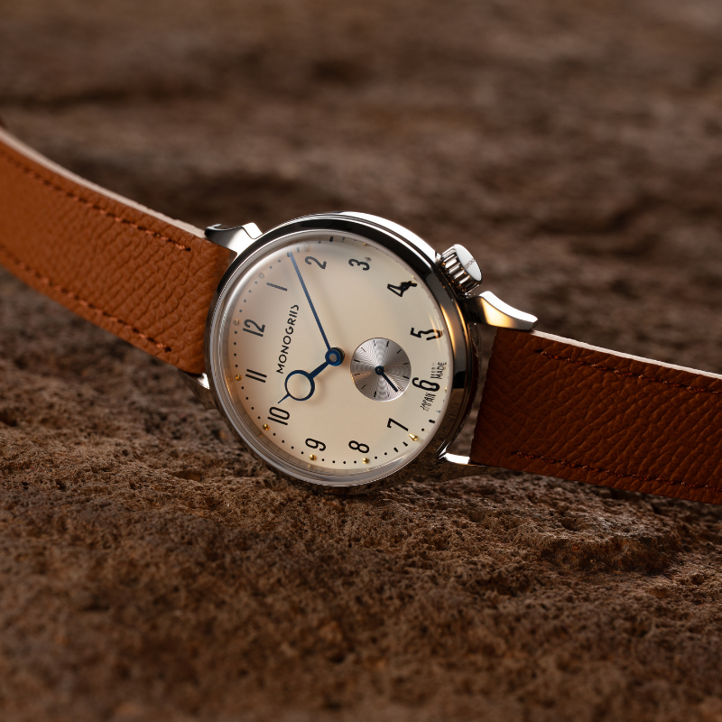 RESTA R50-001 Automatic Small Seconds Watch – 36mm Ivory Dial, Blue Hands, Domed Sapphire Crystal