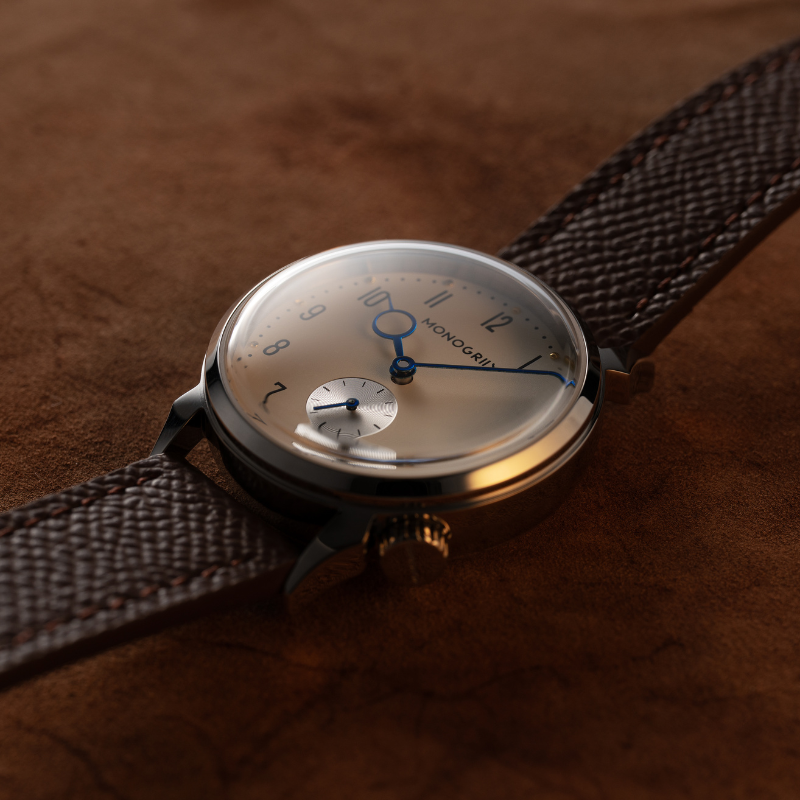 RESTA R50-001 Automatic Small Seconds Watch – 36mm Ivory Dial, Blue Hands, Domed Sapphire Crystal