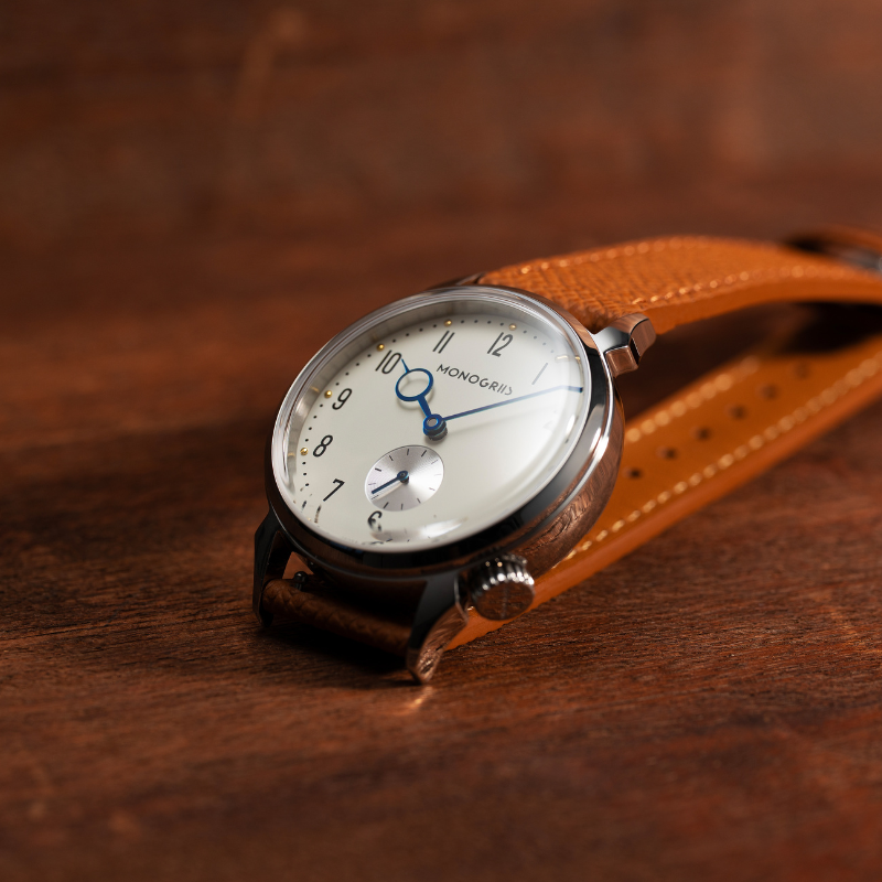 RESTA R50-001 Automatic Small Seconds Watch – 36mm Ivory Dial, Blue Hands, Domed Sapphire Crystal