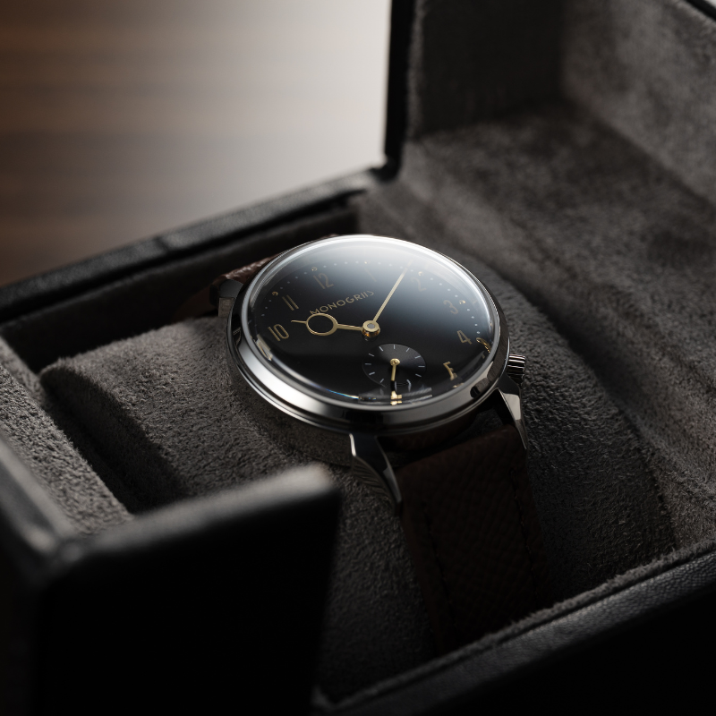 RESTA R50-001 Automatic Small Seconds Watch – 36mm Black Dial, Gold Hands, Domed Sapphire Crystal