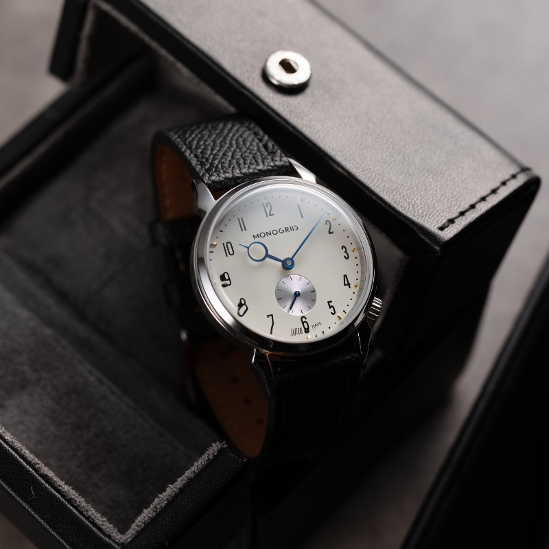 RESTA R50-001 Automatic Small Seconds Watch – 36mm Ivory Dial, Blue Hands, Domed Sapphire Crystal
