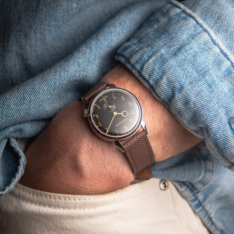 RESTA R50-001 Automatic Small Seconds Watch – 36mm Black Dial, Gold Hands, Box-shaped sapphire crystal